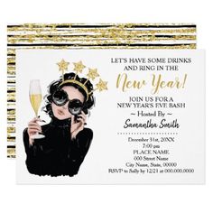 a new year's eve party card with a woman holding a glass of champagne