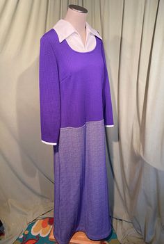 "This is a cute vintage dress from the 70s. Label reads, \"Bellfry by Gerald Pierce\". No size tag. The bust measures 40\", waist 38\", hip 36\", see measurements below. Made of a purple & white polyester with a seersucker type texture at the top texture, and a tweed weave on the skirt. The dress is not lined. It is long sleeve with a white accent at the neckline & sleeve cuffs, giving the illusion of a shirt underneath. It is a maxi dress with a seersucker style texture on the top & Retro Long Sleeve Daywear Dresses, Retro Long Sleeve Day Dresses, Retro Long Sleeve Vintage Dresses, 1970s Long Sleeve Dresses For Daywear, Herringbone Tweed, Pleated Bodice, Sleeve Maxi Dress, Cute Sets, Gathered Skirt