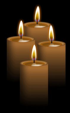 four green candles with one lit in the middle and three on each side, against a black background