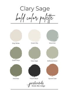 the color palette for clay sage is shown in different shades and sizes, including black, white