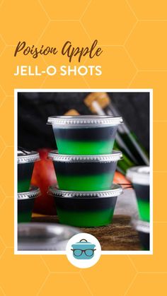 the jello shots are stacked on top of each other, with green liquid in them