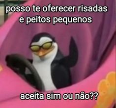 a penguin wearing sunglasses sitting in a pink car seat with the caption that reads, posso te ferrecer risadas e pequeros pequeros