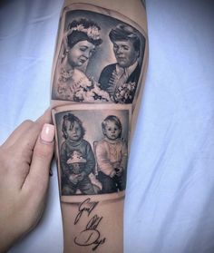 a woman's arm with three pictures on it and the words family day written in cursive ink