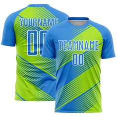 a blue and green soccer jersey with the number 10 on it, that reads your name