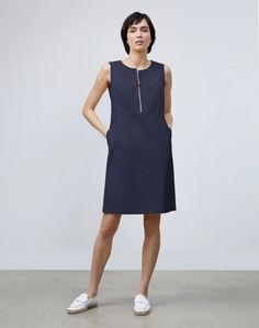 Audren Dress In Fundamental Bi-Stretch | Lafayette 148 NY Outlet Cashmere Suit, Leather Denim, Knit Pants, Front Design, Blazer Coat, Denim Top, Tee Shop, Clean Lines, Dress Skirt