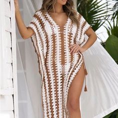 Swim Cover Up Top In Size S/M Crochet Design White/ Tan. Beachy White V-neck Cover-up, Casual Brown Beach Cover-up, White Cover-up For Brunch During Beach Season, Fitted White Summer Cover-up, White Fitted Summer Cover-up, Chic White V-neck Cover-up, Chic White Cover-up For Brunch, White Fitted Casual Cover-up, White Spring Beach Party Cover-up