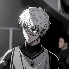 an anime character with white hair and glasses looking at the camera while standing in front of other characters