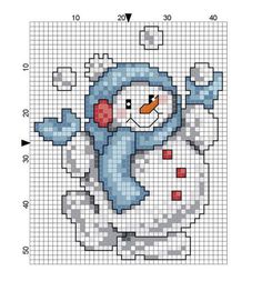 a cross stitch snowman is shown in blue and red