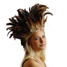 "Feather Headdress with Gold Details - Halloween & Carnival Costume, Festival Feather Headdress ZUCKER® are made with 8-10\" rooster feathers dyed over natural in bright fun colors. There is a 3/4\" elastic band; comfortably securing to head and gold sequin trim. This listing is for the feather headdress only - no additional accessories included." Crow Costume, Rooster Feathers, Feather Headdress, Feather Headband, Wings Costume, Glam Outfit, Gold Sequin, Halloween Carnival, Carnival Costumes