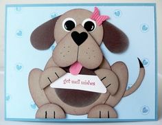 a card with a dog holding a sign that says get well wishes