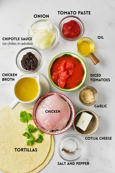 ingredients to make chicken fajita laid out on a white counter top with names