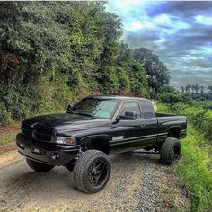 a black truck parked on top of a dirt road next to green grass and trees