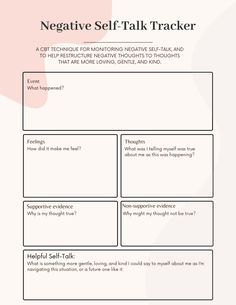 This negative self-talk tracker is adapted from the CBT exercise of creating a thought record, and challenging thoughts. When working with the inner critic, it can be imperative to challenge, and restructure the thoughts that the inner critic part of you has you believing. This activity helps you identify negative thoughts, challenge them, and create more adaptive, loving, gentle, and kind thoughts to replace your negative thinking patterns with over time. Cbt Challenging Negative Thoughts, Negative Self Talk Worksheet, Inner Critic Worksheet, Negative Self Talk Activities, Negative Thoughts Worksheet, Cbt Exercises, Challenging Thoughts, Thought Record, Study Skills Worksheets