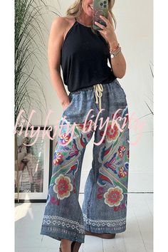 Denim Blue Bohemian Relaxed Fit Pants, Casual Boho Print Pants For Vacation, Bohemian Style Relaxed Fit Denim Blue Pants, Bohemian Style Denim Blue Cotton Pants, Non-stretch Wide Leg Jeans With Floral Print, Bohemian Denim Blue Cotton Pants, Non-stretch Wide Leg Floral Print Jeans, Bohemian Denim Blue Jeans For Spring, Floral Print Non-stretch Wide Leg Jeans