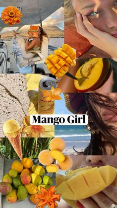 mango girl collage with oranges, lemons, and other fruit in it