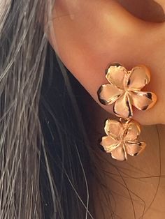 Hawaiian Heirloom 12mm and 10mm Plumeria Flower Link Stud Earrings In 14-karat Solid Tricolor Gold Are Stylish And Gorgeous. Dangle and Drop Stud Link Earrings Sandblast Satin High-polished edges 14 Karat Solid Rose Gold GUARANTEED, Authenticated with a 14K Stamp Made with the Highest Quality Craftsmanship Solid 14K Rose Gold 12mm and 10mm Plumeria Flower Link Stud Earrings Dangle & Drop Total Weight 2.7 grams Solid 14K Rose Gold Plumeria Flower  Width 12 Millimeter, and 10 Millimeters Dangle & Drop Length 20 Millimeters Amazing! Gift For Family and Friends! Jewelry Gift Box Included! Rose Gold Flower-shaped Pierced Earrings, Rose Gold Flower Shaped Pierced Earrings, Round Rose Gold Flower Charm Earrings, Rose Gold Dangle Earrings With Flower Charm, Rose Gold Round Flower Charm Earrings, Rose Gold Flower Charm Earrings, Pierced Rose Gold Flower Earrings, Rose Gold Flower Earrings For Anniversary, Anniversary Rose Gold Flower Earrings