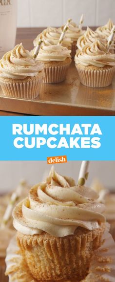 some cupcakes with white frosting on top and the words rumchata cupcakes below