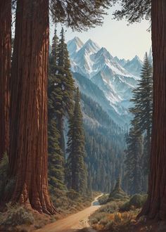 a painting of trees and mountains with a dirt road going through them in the foreground