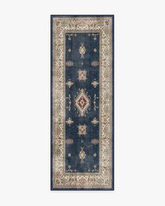 Verena Sapphire Rug puts a modern farmhouse spin on a traditional Persian-style design. Tinted in a distress-textured palette of sapphire blue, brown, and ruby red, this area rug features an ornate border around a grid of geometric shapes reminiscent of embellished jewels. Ruggable Runner, Slate Rug, Bathroom Runner, Ornate Border, Hallway Carpet Runners, Ruggable Rug, Stately Homes, Teal Rug, Entryway Bathroom