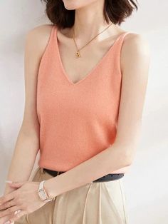 Casual V-Neck Summer Knit Tank Top - SHExFAB Elegant V-neck Knit Top For Summer, Solid Color Knit V-neck Top, Casual Knitted V-neck Tank Top, Knit V-neck Vest Tops, Knit V-neck Top, Fitted Knitted V-neck Tank Top, Chic V-neck Vest Knit Top, Chic V-neck Knit Vest Top, Elegant Solid Color V-neck Knit Top