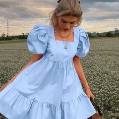 Sweet Puff Sleeve Dress - S / Blue - Dresses Blue Dress Puff Sleeves, Blusas Top, Bohemian Style Dresses, Kawaii Dress, Maid Dress, Ruffle Mini Dress, Ruffle Hem Dress, Puffed Sleeves Dress, French Girl