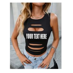 "\"YOUR TEXT HERE\" Cut Out Tank Top. Black Women's Tank Top with Text on the FRONT ONLY. Please see the Size Chart in the photos of the listing, all brands can run differently. AFTER YOU LET US KNOW WHAT YOU WANT WE WILL SEND YOU A MOCK UP FOR APPROVAL.   SHIRT WILL NOT BE MADE/SHIPPED UNTIL MOCK UP IS APPROVED. Color Sample Chart Shown In Photos. Color May Be Different In Person, Use As A General Gauge Of Color. FREE SHIPPING IN THE USA! We do custom printing!  Message us with any questions!" Punk Sleeveless Tank Top For Club, Fitted Punk Style Tank Top, Punk Graphic Tank Top For Concert, Black Distressed Edgy Tank Top, Goth Party, Rock Tank Tops, Black Tank Top Women, Running Tops, Wife Gift