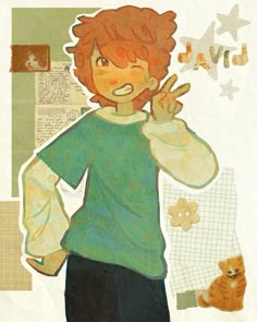 a drawing of a boy making the peace sign with his hand and holding a teddy bear