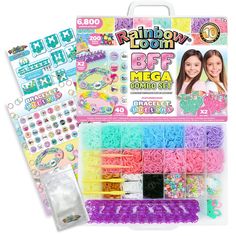 an assortment of beads and hair accessories in a package with the words rainbow loom on it