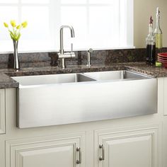 a stainless steel kitchen sink with two faucets