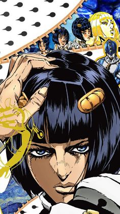 an anime character with black hair and blue eyes holding her hands up to her head