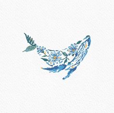 a watercolor painting of a bird with blue flowers and leaves on it's back