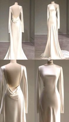 four different views of the back of a white dress with long sleeves and open shoulders