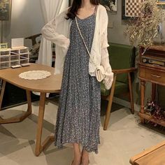 Flower Print Spaghetti Strap Midi Shift Dress / Pointelle Knit Cardigan Product Information Material: 100% Mixed Fiber Color: Dress - Blue DressTotal Length: 100cm, Bust: 65-90cmCardiganTotal Length: 58cm, Sleeve Length: 55cm, Bust: 106cm, Shoulder Width: 52cm There may be a 2cm - 4cm variance in product size Midi Dress With Cardigan, Cardigan Over Dress, Flower Midi Dress, Floral Frocks, Y2k Aesthetic Fashion, Kawaii Shirts, Loose Cardigan, Kawaii Dress, Midi Shift Dress