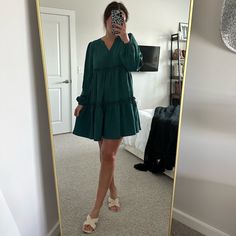 Emerald Green Colored Tiered Mini Dress Purchased From A Local Boutique. Never Worn Only Tried On. I’m 5’6 For Height Reference. Height Reference, Blue Babydoll Dress, Embroidered Tunic Dress, Tiered Mini Dress, Mock Neck Dress, Pin Up Dresses, Mini Skater Dress, Racerback Dress, Black Velvet Dress