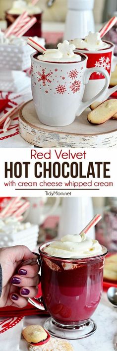 red velvet hot chocolate with cream cheese whipped cream is served in white cups and saucers