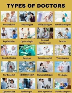 a poster with different types of doctors on it's front and back covers in yellow