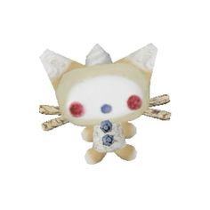 a white and blue cat figurine with red eyes