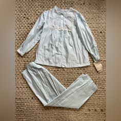 This Vintage Barbizon Pajama Set Is So Cute And Cozy! Go Ahead, Treat Yourself! The Dayton’s Tags Are Still On The Set. The Light Blue Is So Beautiful. The Front Yolk Is Outlined In A Lace, And The Inside Panels Are Embroidered With A White, Green And Hughes Of Pink. The Top Has Small Pearl Buttons. And There’s A Little Cute Bow At The Very Top Of The Pajama Top. Then, There Are The Sleeves Which Have A Sweet Gather On The Shoulder And A 2 Inch Cuff. Marked Small. It’s Made Of 40% Nylon, 30% Pol Vintage Pajamas, Moccasin Boots, Leather Moccasins, Womens Pyjama Sets, Cute Bow, Pajama Top, Pearl Buttons, Cute Bows, Soft Light