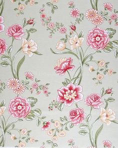 a floral wallpaper with pink flowers and green leaves