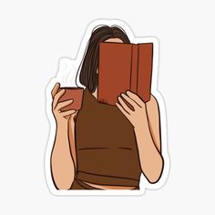 a woman reading a book while holding her head in front of her face sticker