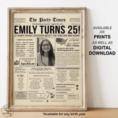 an old newspaper advertises the birth of emily turns 25 years ago, as well as digital printables