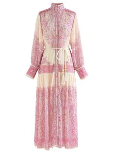 Material: Polyester Rope belt included Floral print Button fastening Sample size: S Delicate dry clean Protect accessories before washing Our Style No. ZC_EMANI Floral Maxi Dress Boho Paisley, Led Dress, Rope Belt, Fashion Buyer, Chiffon Maxi, Chiffon Maxi Dress, Sheer Chiffon, Pink Maxi Dress, Floral Maxi