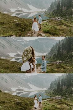 two people walking on a path in the mountains, one is wearing a hat and the other has a backpack