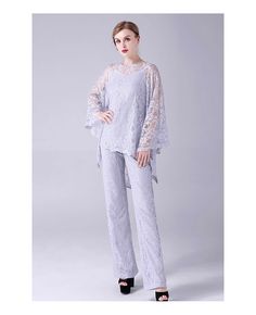 Buy elegant grey lace mother of the bride outfits trouser suits with lace cape at affordable price online. Free shipping and pro custom service since 2009. Delicate Gown, Mother Of The Bride Outfits, Lace Cape, Bride Outfits, Pant Suits, Mother Of The Bride Outfit, Grey Lace, Wedding Store, Lace Wrap