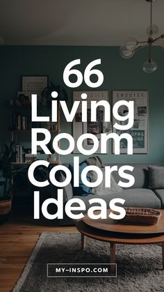 a living room with blue walls and gray furniture, the text reads 66 living room colors ideas