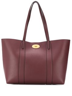 Burgundy calf leather Bayswater tote bag from Mulberry featuring round top handles, a gold-tone twist lock fastening, a main internal compartment, an internal slip pocket, an embossed internal logo stamp and gold-tone hardware. Mulberry Tote, Bayswater Tote, Mulberry Bayswater, Mulberry Bag, Brown Leather Handbags, Round Top, Black Leather Handbags, Logo Stamp, Black Tote Bag