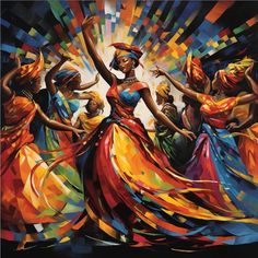 a painting of a woman dancing with other women in colorful dresses and headdress