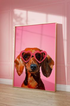 a painting of a dachshund wearing pink goggles in front of a pink wall