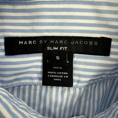 a label on a blue and white striped shirt that says, marc marc jacobs slim fit s