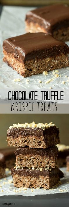 chocolate truffle krispie treats stacked on top of each other with the words, chocolate truffle